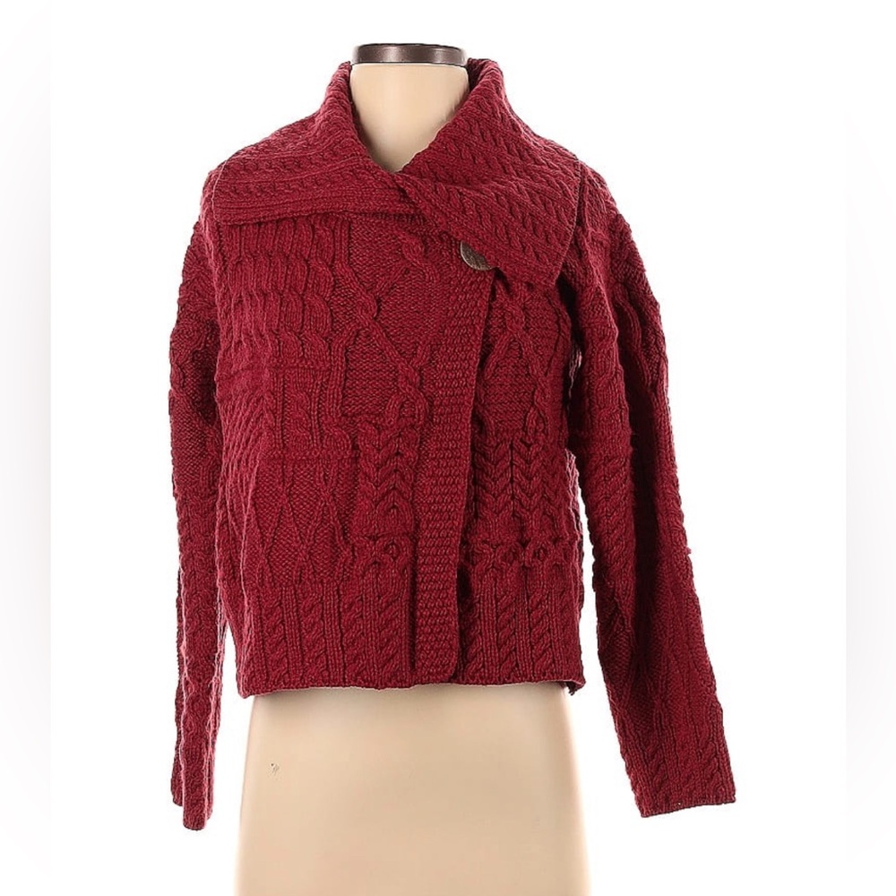 Carriagdonn Irish Sweater 100% Marino Wool Red  Wrap Sz XS Chunky Cable Knit